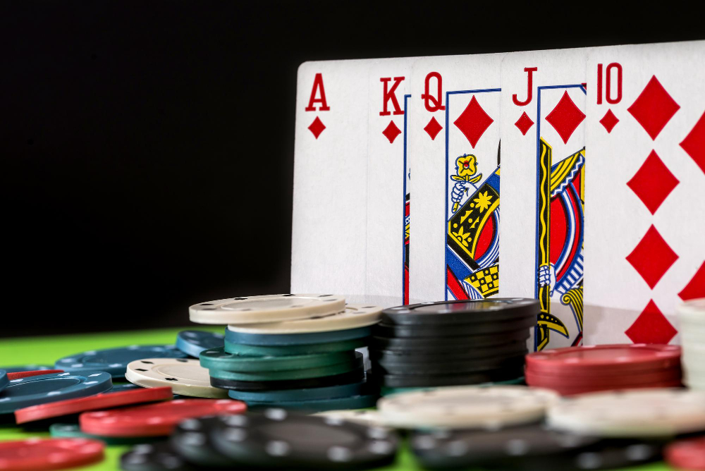 Game chips with straight flush cards in the back.